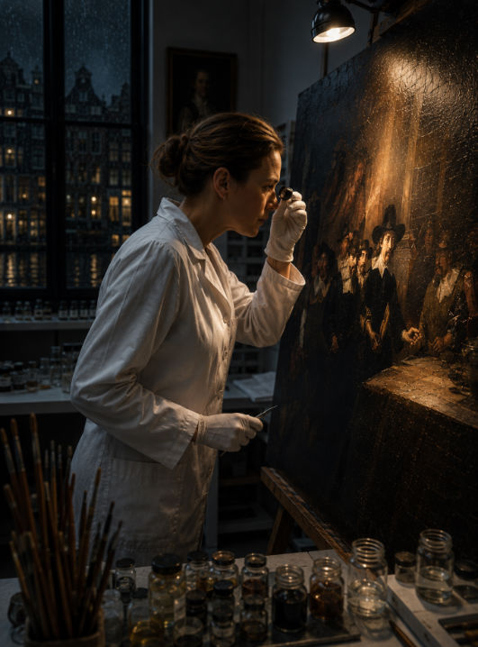 A woman in a white coat, staff in hand, walking a moss-lined stone path between ancient lanterns and graves