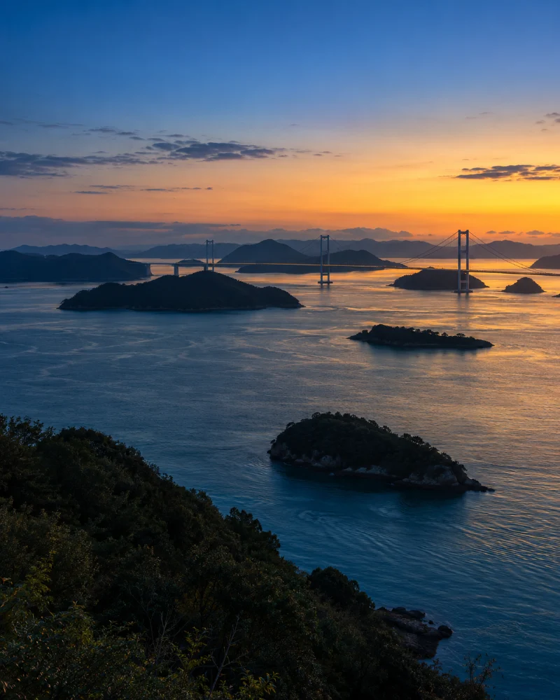 Setouchi Inland Sea and bridge near Kagawa, Japan